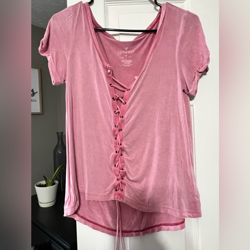 American Eagle Outfitters Rose Pink Lace-Up V-Neck Short Sleeve Top